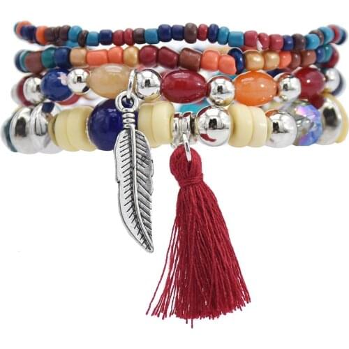 5Pcs/set Ethnic Bohemian Style Acrylic Beaded Statement Bracelets for Women Cotton Thread Bracelet Ethnic Party Jewelry Gift