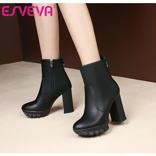 ESVEVA 2021 Fashion Zipper Square High Heel PU Leather Ankle Boots Women Boots Shoes Pointed Toe Platform Boots Size 34-43