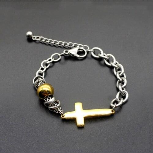 New Arrive Jesus Cross Mens Stainless Steel Bracelet For Women Gold Color Beads Bracelet Religious Bracelet Catholic Jewelry