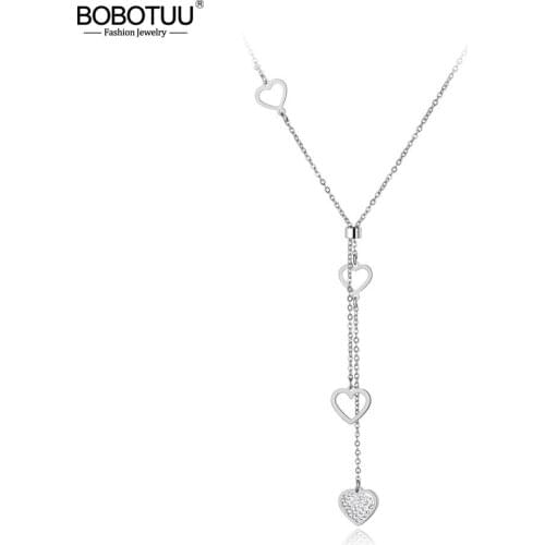 BOBOTUU Original Design Titanium Steel Lovely Heart Charm Necklaces Fashion CZ Crystal Pendant Chain Necklace For Women BN19075