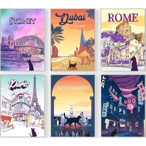 Black Cat Famous City Travel Poster Parise Rome Sydney Tokyo Landscape Canvas Painting Wall Art Pictures For Living Room Decor