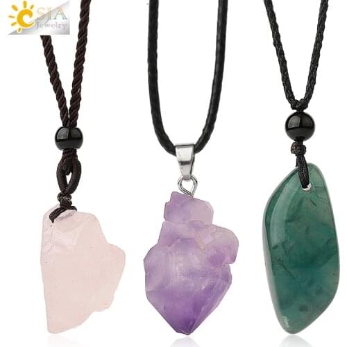 CSJA Irregular Natural Healing Stone Necklace Pendants Pink Quartz Fluorite Purple Crystal for Women Men Jewelry G522