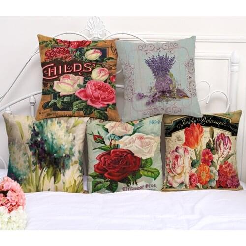 Decorative Pillow Cushion Case Vintage Flower lavender Pillowcase 17.5 Inch Cotton Linen Chair Seat Throw Pillow Cover P1078