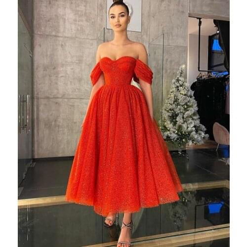 Elegant Short Off Shoulder Tulle Red Evening Dresses Glitter Tea Length Corset Back Flowy Formal Party Gowns for Women