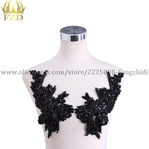 FZD 1 Pair Handmade Black Bodice Patches Embroidery Patch for Women Wedding Dresses, ball gowns DIY Clothes fabric