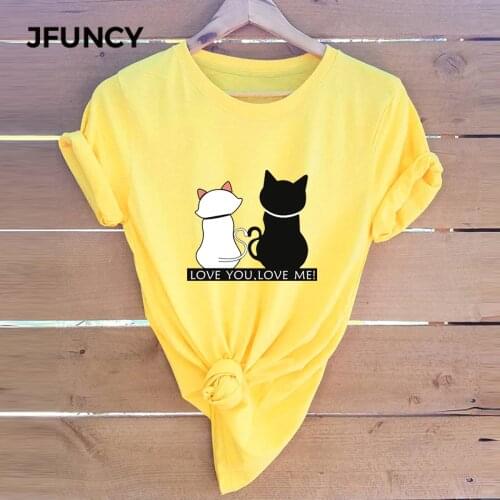 JFUNCY Summer Cotton Couple T-shirts Kawaii Love You Cats Cartoon Print T Shirt 5XL Oversize Casual Mujer Tshirt Ladies Tee Top
