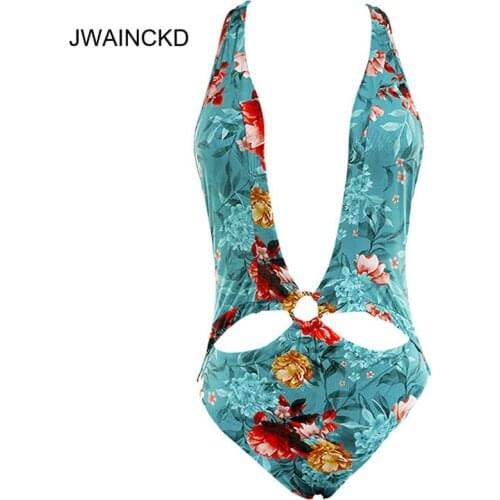 JWAINCKD Floral Print Swimsuit Female Push Up Deep V Bikinis Swimwear Women Backless Sexy Bikini Blue Bathing Suit Bandage Cross