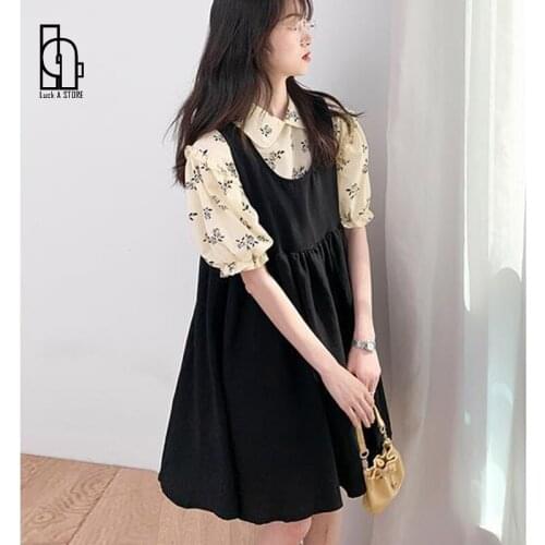 Luck A Summer Japanese Summer Casual Black Dress puff sleeve 2 Piece dress Women Elegant A-line Harajuku Kawaii Preppy Dress