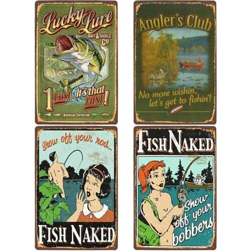8x12 inch Retro Fishing Metal Tin Sign Vintage Funny Fish Plaque Poster Kitchen Home Dining Room Wall Decor 20x30cm