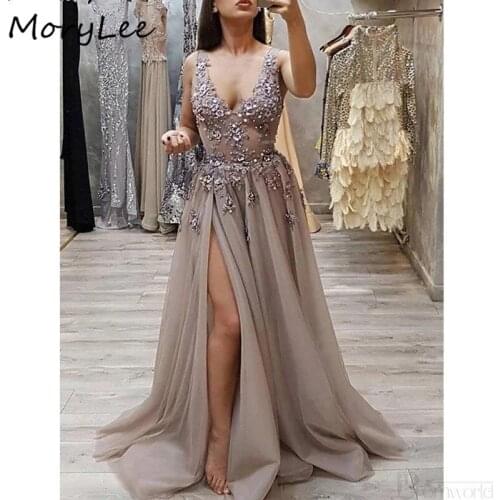 Charming Evening Dresses V-Neck Sleeveless Side Slit Lace Applique Crystal Beaded Tulle Evening Dresses вечернее платье