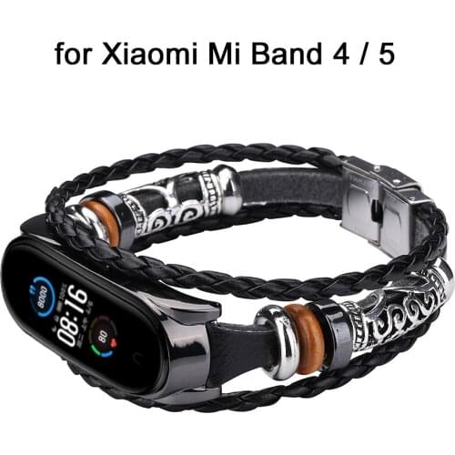 Leather-Beading Bracelet Strap For Xiaomi Mi Band 5 / 4 MiBand Band5 MiBand5 Replacement Weave-Braided Vintage Watch Straps Band