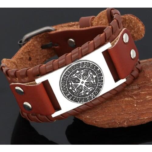 Nordic viking odin symbol knot rune leather amulet bracelet with Valknut Gift bag - size 19-25 cm