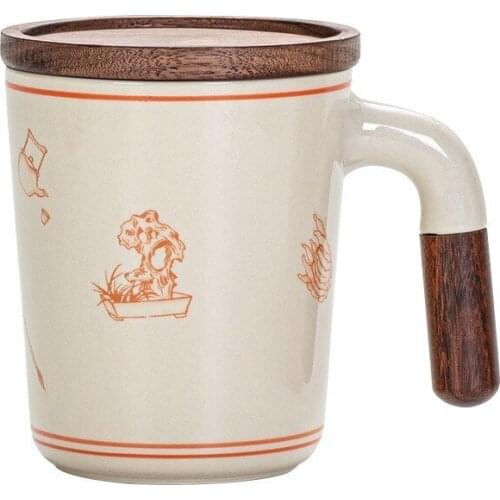 Plant Grey Glaze Qinghuan Water Cup Mug Creative Water Cup with Lid Large Wooden Handle Handle Teacup Practical Plain Beautiful