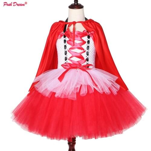 POSH DREAM Little Red Cosplay Cartoon Kids Girls Tutu Dress 2pcs Dress+ Cap Dress for Children Halloween Festival Costumes