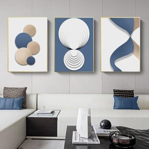 Blue White Gold Geometric Abstract Poster Wall Art Canvas Painting Nordic Print Wall Pictures for Modern Living Room Decoration