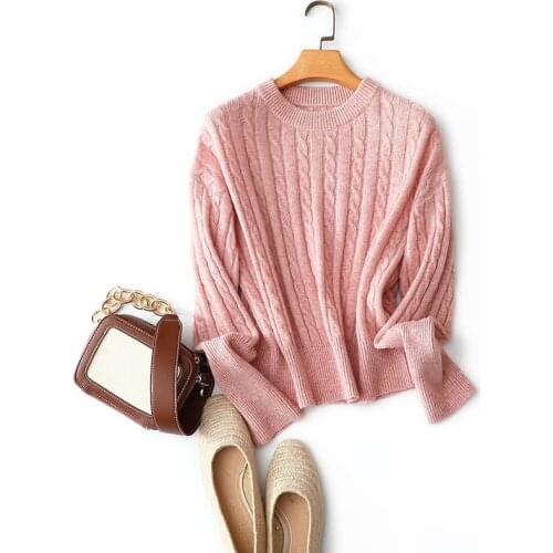 Autumn winter new classic cable knitted crew neck short sweaters women fashion casual pink knitted cashmere merino wool pullover