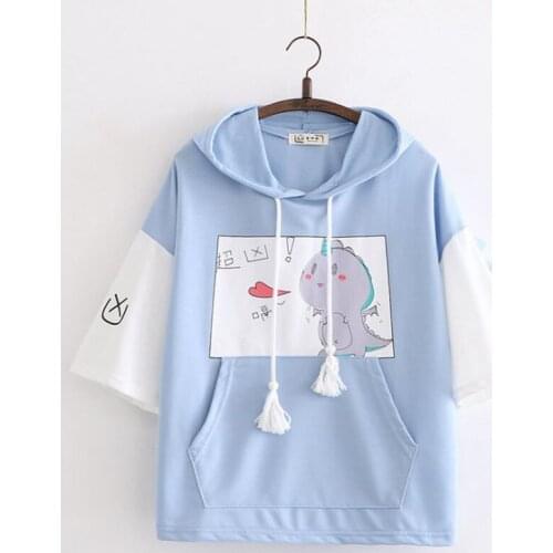 SzBlaZe Summer Cartoon Cute Spitfire Dinosaur Print Hooded T Shirt Japanese Mori Female Student Kawaii T-shirt
