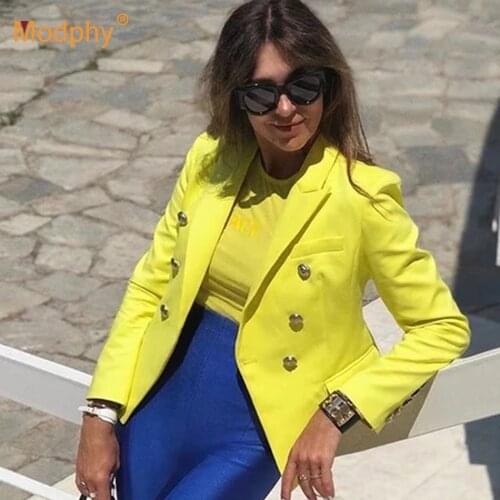 Yellow Double-Breasted WomenS Blazer Notch Long-Sleeved Slim Elegant Coat Female Suit 2020 Autumn Winter Fashion New