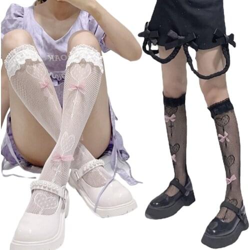 Women Gothic Cute Bow Calf Socks Lolita Sweet Heart Ruffle Lace Fishnet Stocking