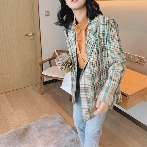 2021 Spring Womens Blazers Jackets Casual Plaid Double-Breasted Coat Elegant Green Female Korean Style Office Cardigan Suit Za