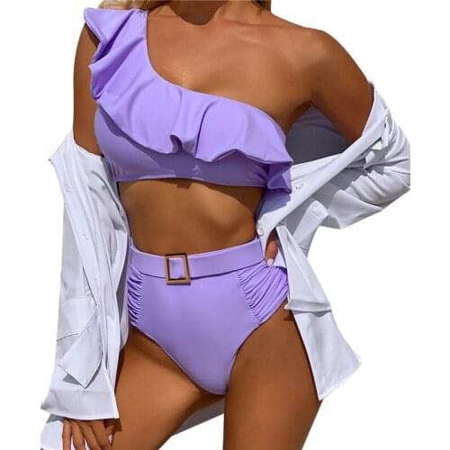 Ladies Bikini 2021 New Two-Piece With Oblique Shoulder Design Ruffled Trim Swimsuits For Women Sexy High Waist Summer Bikini Set