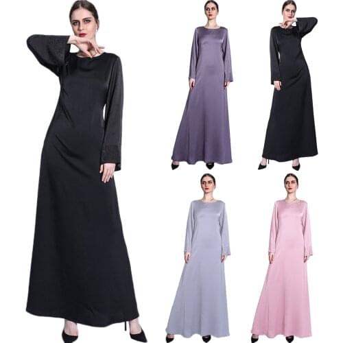 Ramadan Eid 2021 Women Summer Abaya Dress Diamonds Maxi Loose Satin Long Sleeve A-line Muslim Dubai Arab Plain Gown Party Kaftan