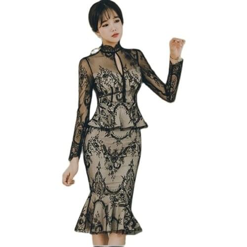 Lace Hollow Stitching Dress Spring Summer Office Lady Elegant Long Sleeve Slim Bodycon Dress 2021 New Women Party Dress