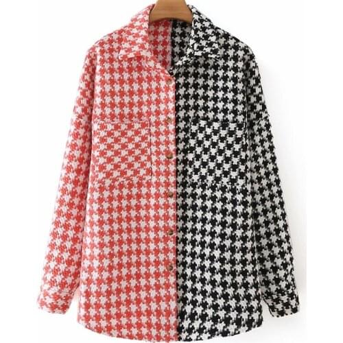 ZXQJ Women 2021 Fashion Color Matching Houndstooth Frayed Tweed Jacket Coat Vintage Long Sleeve Pockets Female Outerwear Chic To