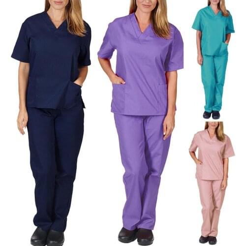 1 Set Nurse Top Pants Set Solid Color Elasticity Unisex V Neck Pockets Quick Dry Uniforms for Working