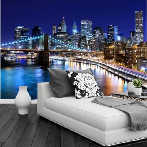 3D wallpaper New York city beautiful night building and Bridge under the colorful light living room TV wall bedroom large murals