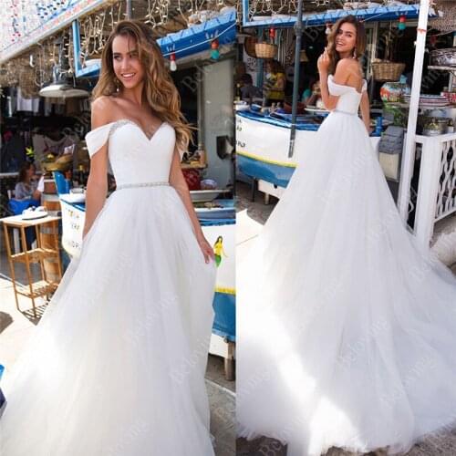 Off the Shoulder White Soft Tulle A-Line Wedding Dress Vestido De Noiva Crystal Belt 2021 Women Bridal Gowns 2021 Beach Formal