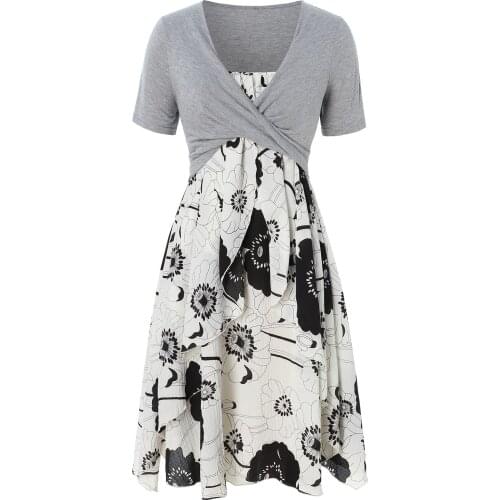 Bohemia Summer Dress Suit For Women Short Sleeve Cross Knot Cardigan Top Flower Print Hem Mini Dress Two Piece Sets Vestido A30