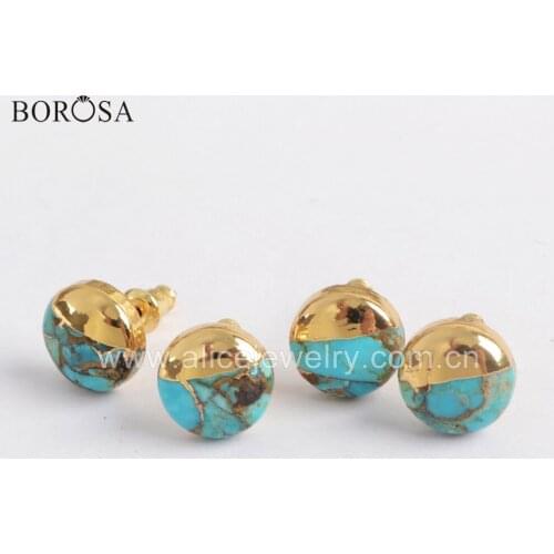 BOROSA 5Pairs Boho Turquoises Studs 10mm Gold Plated Square Round Triangle Natural Turquoises Earrings Handmade Lady Gifts G1723