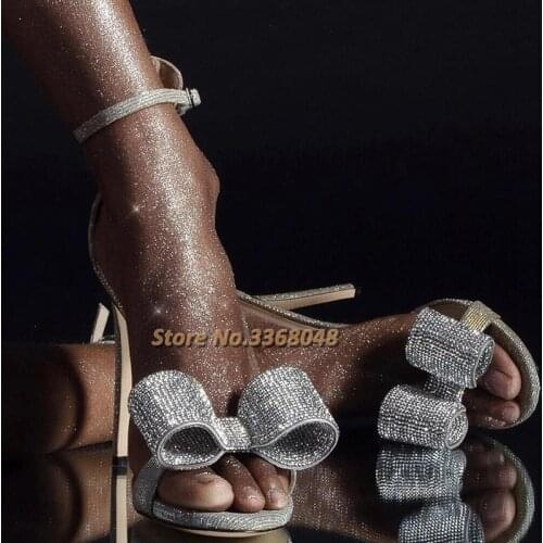 Crystal Butterfly Knot Stiletto Heel Sandals Ankle Buckle Open Round Toe Summer Dress Shiny Sandals Runway Cover Heel Shoes