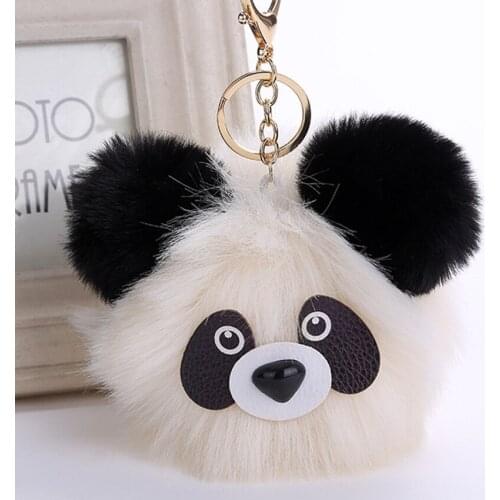 2017 New fashion!Lovely Key Chain Accessories Faux Rabbit Fur Ball Pom Pom Fluffy Panda Pattern Car Keychain Jewelry Bag Charm