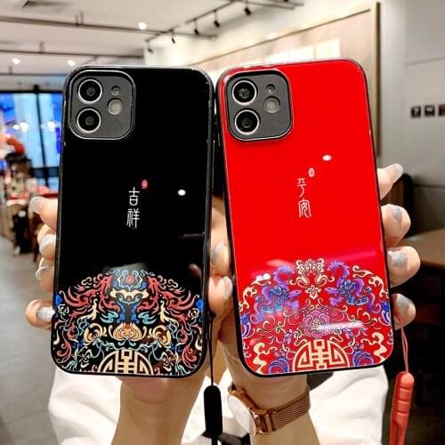 Classic Chinese Style Liquid Tempered Glass Phone Case For iPhone 12 11 Pro Max XS MAX XR X 8 7 Plus Soft Edge Silicone Cover