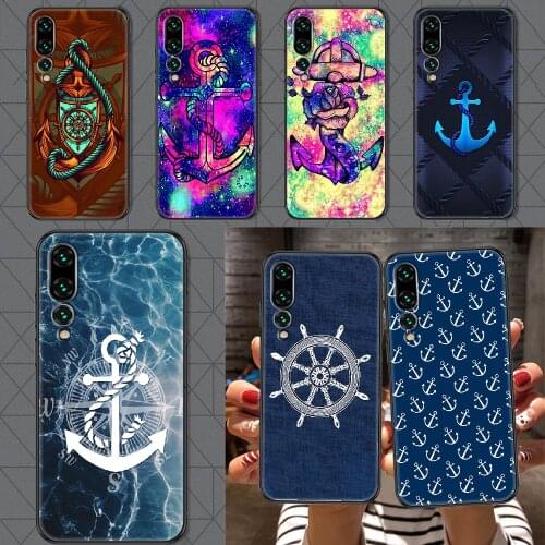 Stripes Anchor Boat Ship Wheel Phone case For Huawei P Mate P10 P20 P30 P40 10 20 Smart Z Pro Lite 2019 black silicone hoesjes