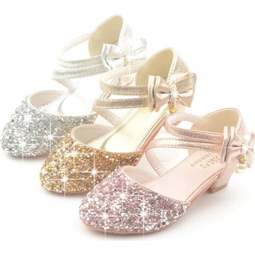 Flower Children Rhinestone Bling Princess Leather Shoes For Big Girls Silver Gold High Heels Wedding Party Dance Shoes New 2020