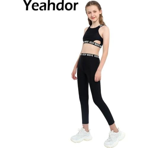Kids Girls Summer Sport Set Dancewear Sleeveless Hollow Out Tank Top High Waist Pants Set Children Running Gym Yoga Sportwear