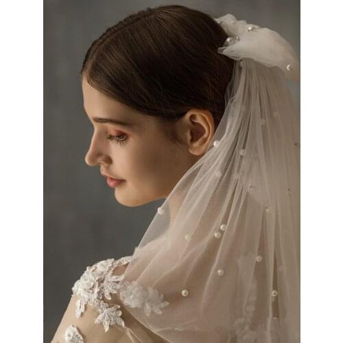 2019 Hot Sale Two Layers Bridal Veil With Comb Pearl Bowknot Wedding Veil Bridal Veil With Pearl Ivory Veu de Noi