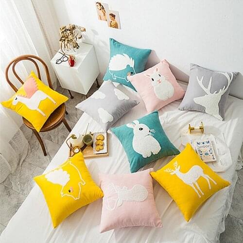 Cotton Embroidery Rabbit Deer Pegasus Pillow Cover Home Decor Pink Grey Cushion Cover Decorative PillowCase Pillow Sham 45cm