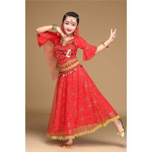 Childrens Indian Dance Bollywood Dancewear for Stage Oriental Dance Costumes Sequin Fashion Chiffon Egyptian Belly Dance Dress