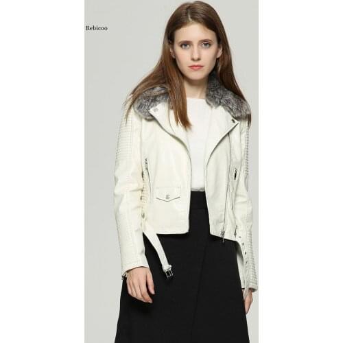 Hot Fashion Women Winter Warm Faux Leather Jackets with Fur Collar Belt Lady Black Pink Motorcycle Biker Outerwear Coats