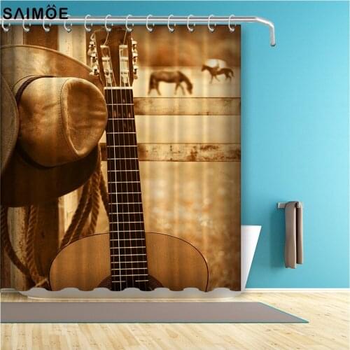 Cowboy Hat And Guitar Bathroom Curtain American Country Music Waterproof Shower Curtain Polyester Fabric Bathing Cover Sets