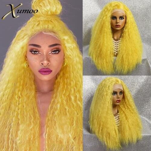 XUMOO High Tempature Fiber Synthetic Lace Front Wig Glueless Yellow Kinky Curly Wig Long Cosplay Wigs For Black Women