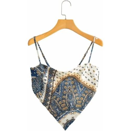 PUWD Casual Woman Slim Print Spaghetti Strap Satin Cropped Top 2021 Summer Sexy Ladies Beach Camisole Female Chic Backless Tanks