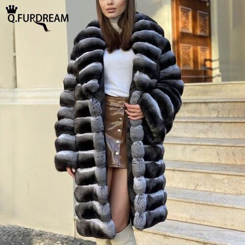 Q.FURDREAM New Chinchilla Color Real Rex Rabbit Fur Coat Winter Clothes Women Warm Thick Fashion Jacket Long Style Outerwear