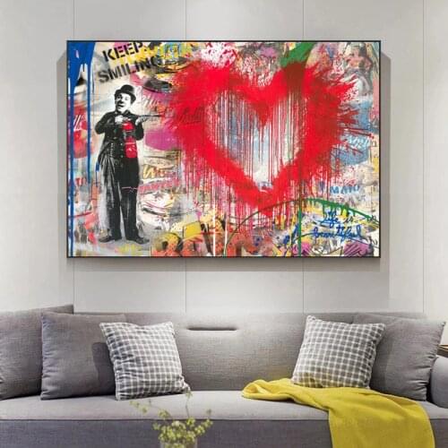 Banksy Graffiti Art Keep Smiling Red Heart Canvas Painting Posters and Prints Street Wall Art Picture Cuadros Home Room Decor