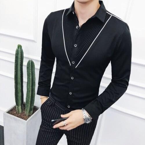 Contrast Piping V Shape Pleating Shirt Wedding Party Club Shirt Slim Fit Long Sleeve Button Down Fashion Designer Korean Shirt
