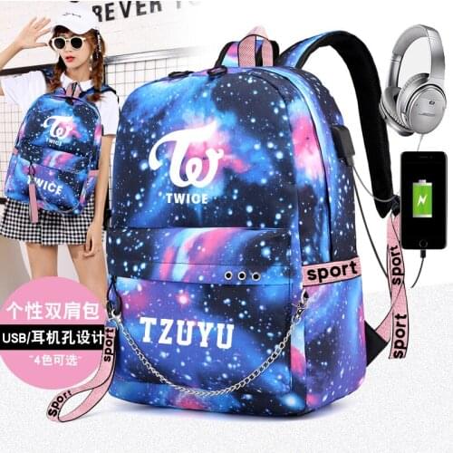 Twice Ji Hyo Tzuyu Mina Korean Backpack School Bags Galaxy Thunder Mochila Bags Laptop Chain Backpack USB Port